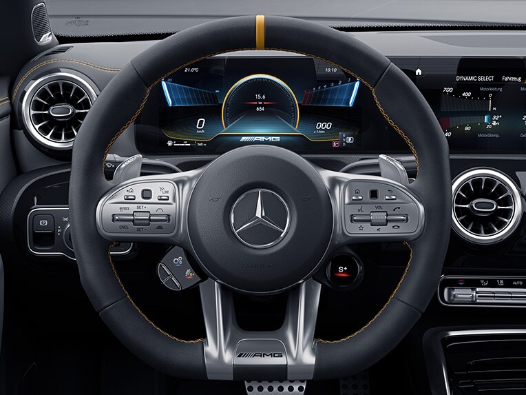 The AMG Performance steering wheel in MICROCUT microfibre in the CLA from Mercedes-AMG.