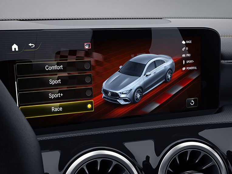 The display of AMG DYNAMIC SELECT in the media display of the CLA from Mercedes-AMG.