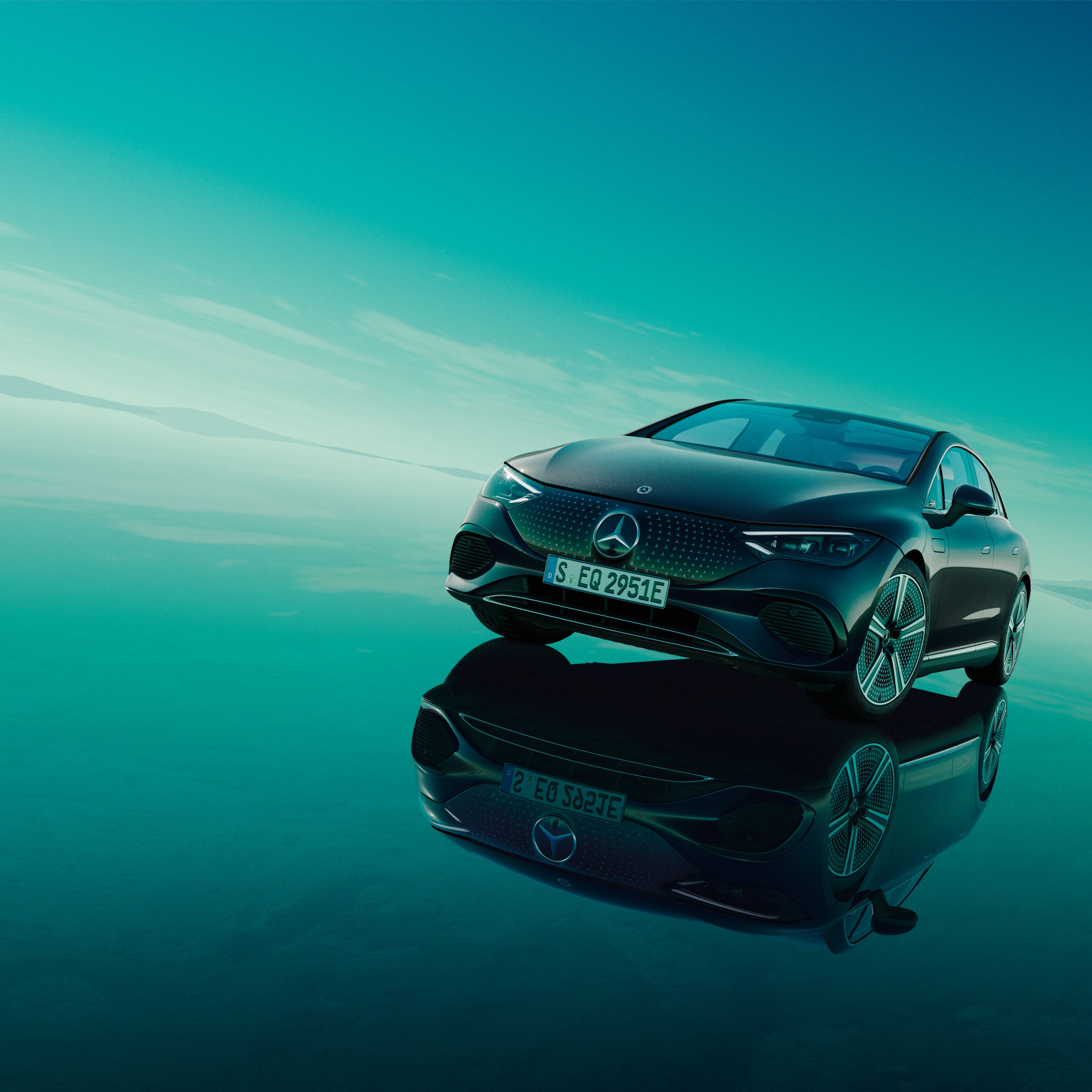 The Mercedes EQE Saloon from a frontal perspective.