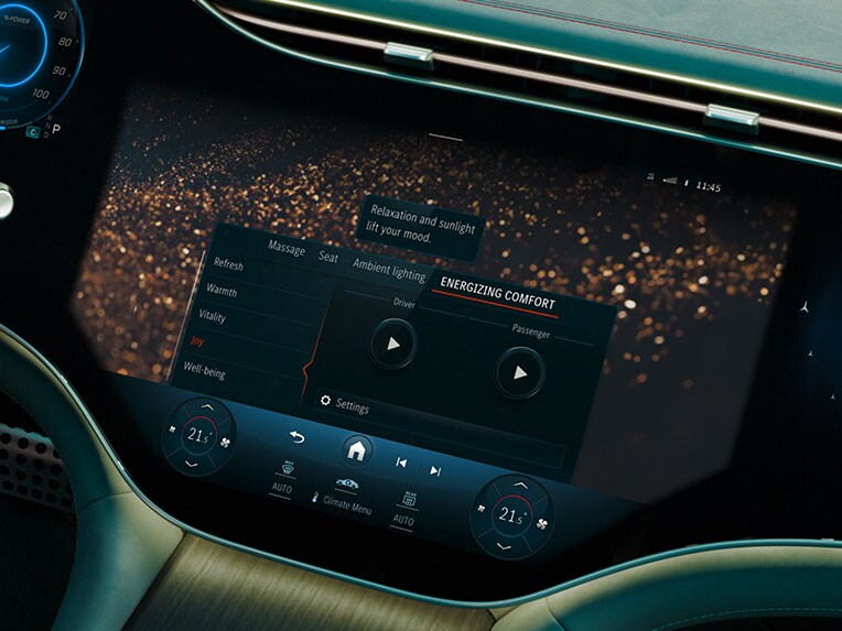 การแสดงผล ENERGIZING Package Plus บนจอแสดงผลใน EQE Saloom จาก Mercedes-Benz