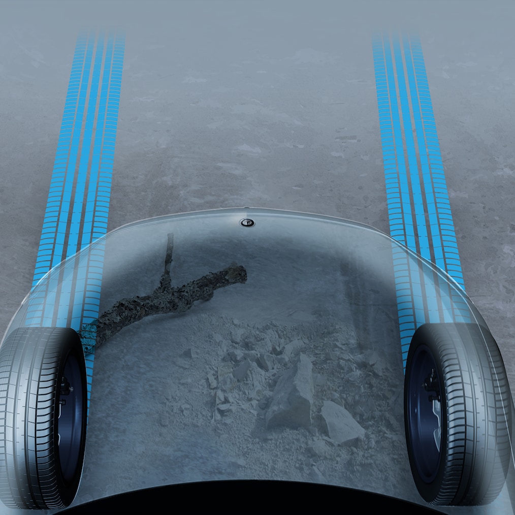 A graphic representation of the transparent bonnet in the EQE SUV from Mercedes-Benz.