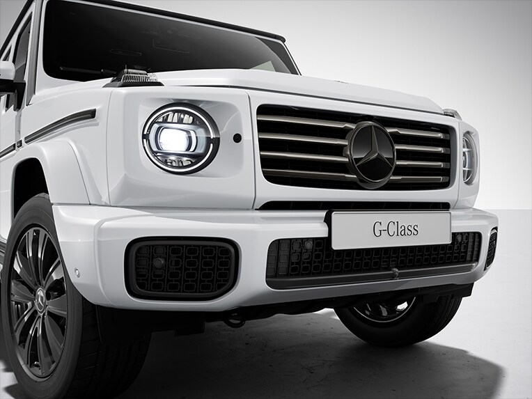 The Mercedes-Benz all-electric G-Class with the MANUFAKTUR Dark Chrome Package.