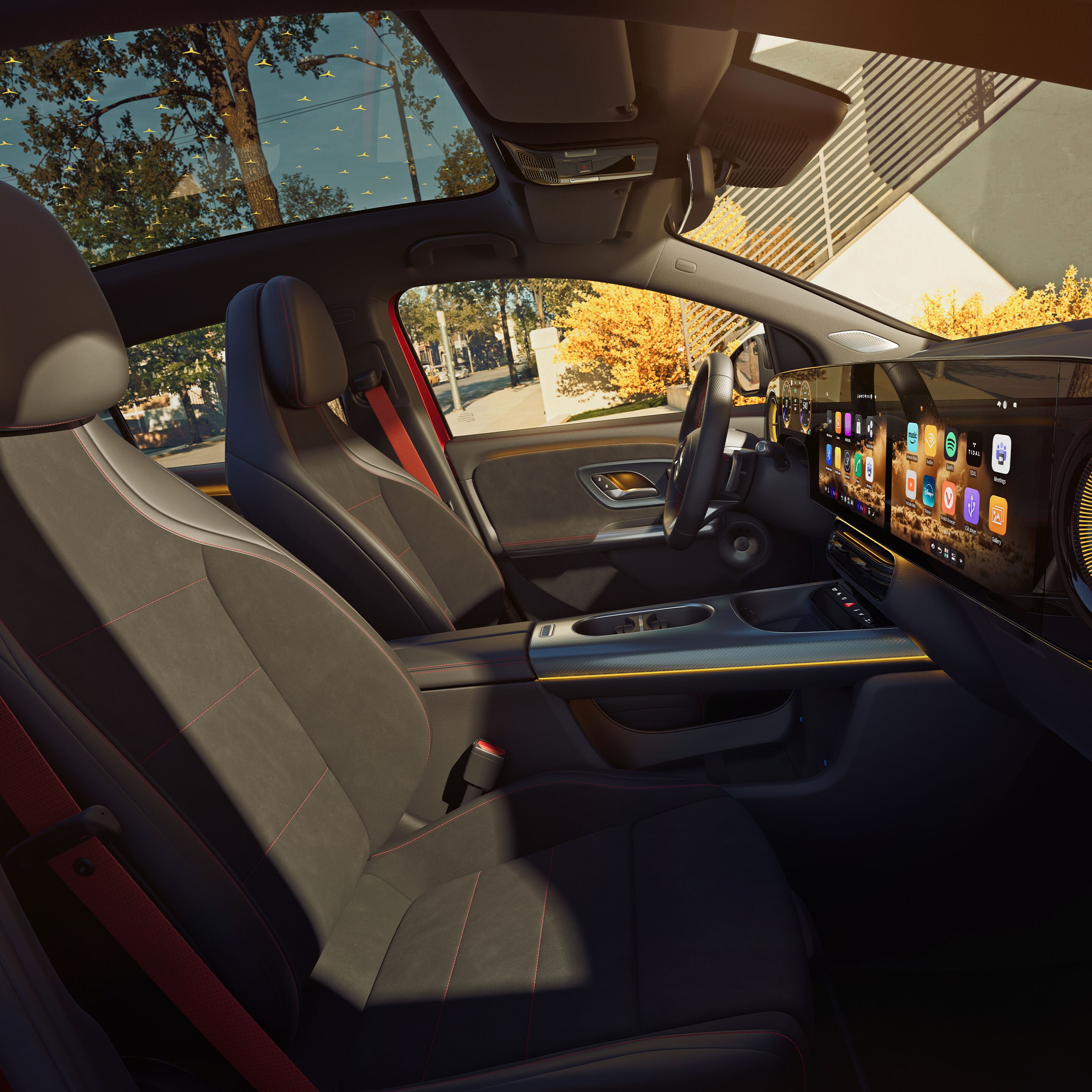 ภายในรถ GLA ไฟฟ้าโฉมใหม่จาก Mercedes-Benz โฟกัสที่แถวเบาะหน้าและเบาะหลังที่มองจากกระจกผู้โดยสารด้านหน้า
