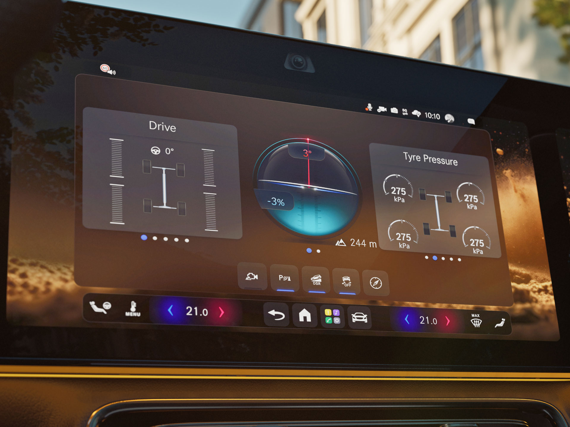 Terrain Features | The all-new electric GLA | Mercedes-Benz The interior of the all-new electric GLA from Mercedes-Benz with focus on the mbux superscreen showing the Transparent bonnet.