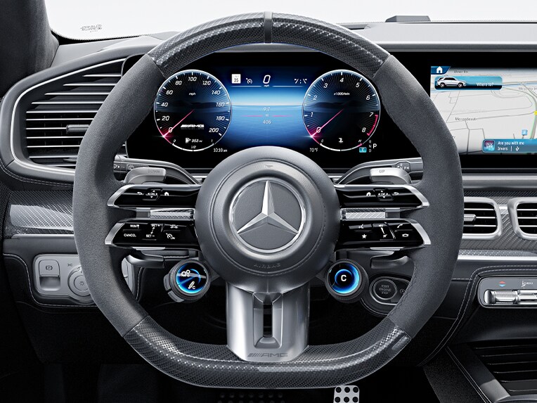 The AMG Performance steering wheel in carbon-fibre/MICROCUT microfibre in the Mercedes-AMG GLE.