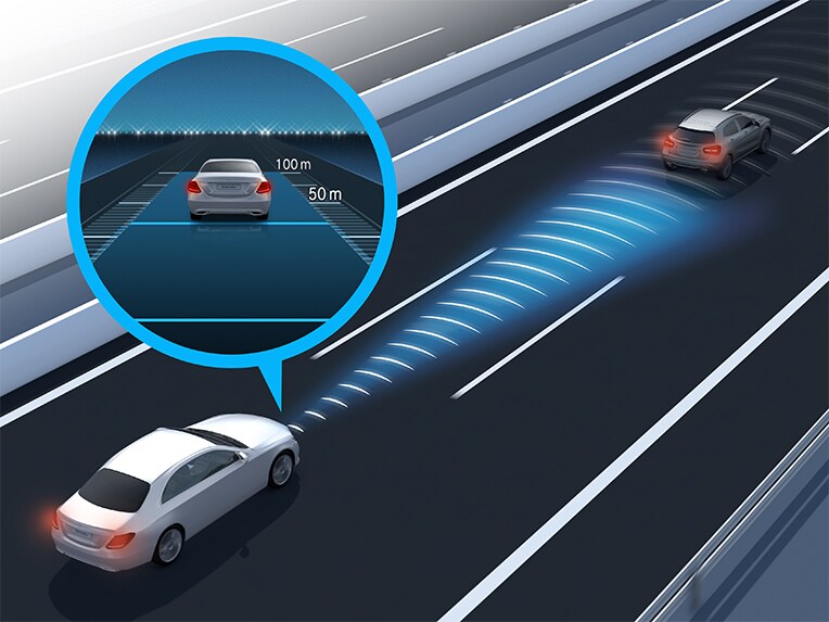 ภาพประกอบแสดงระบบควบคุมระยะห่างของรถยนต์ขณะขับขี่แบบแอ็คทีฟ DISTRONIC ของ Mercedes-Benz GLE