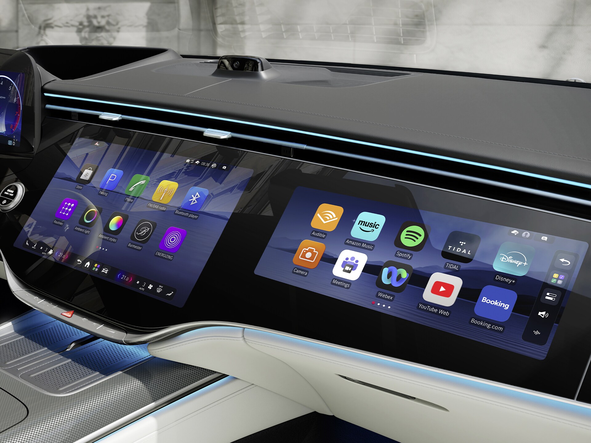 The MBUX superscreen in the cockpit of the new Mercedes-Benz S-Class Saloon Long showing MB.OS from Mercedes-Benz.