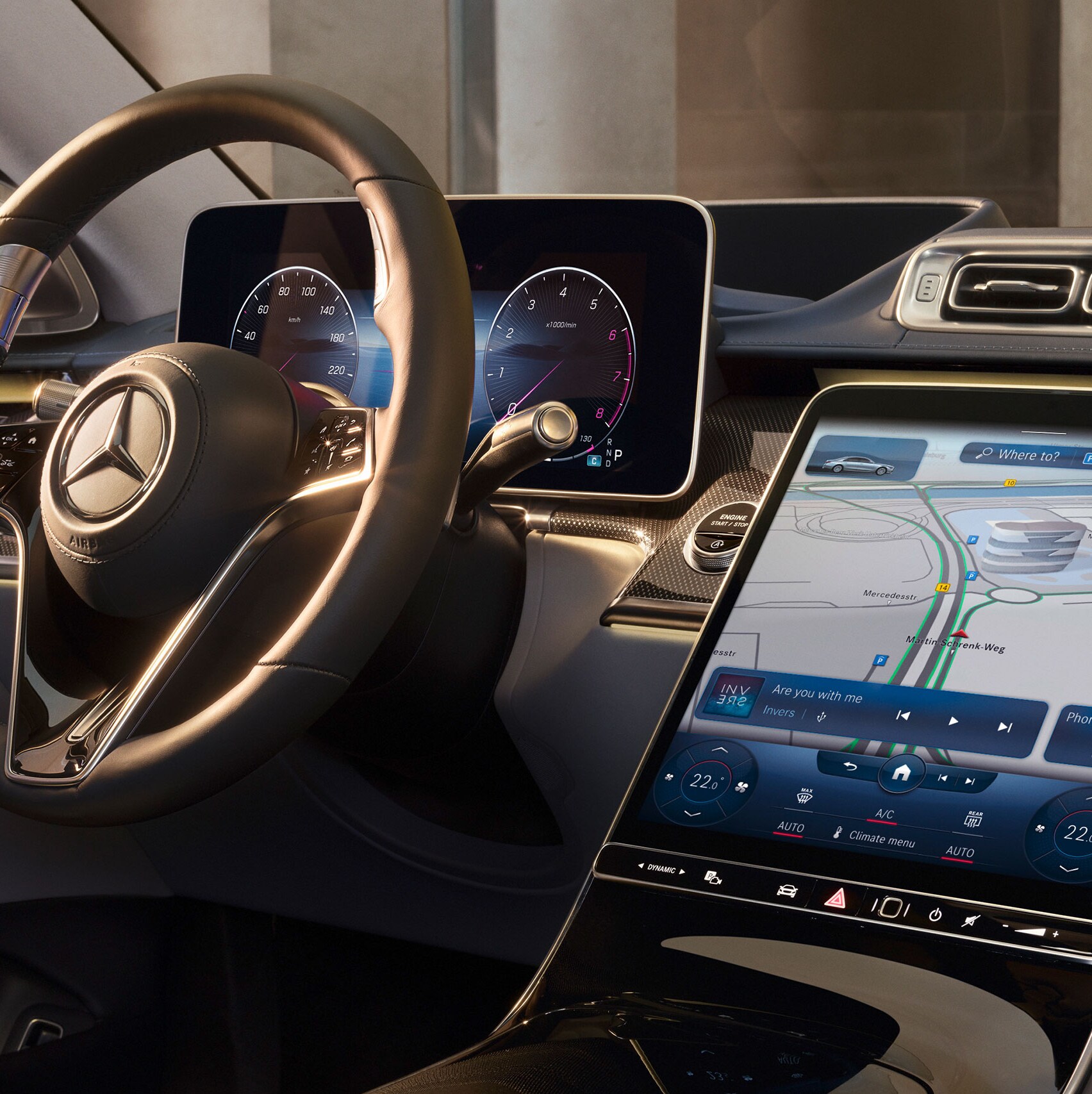 Interior showing the large touch display with MBUX in the new Mercedes-Benz S-Class.