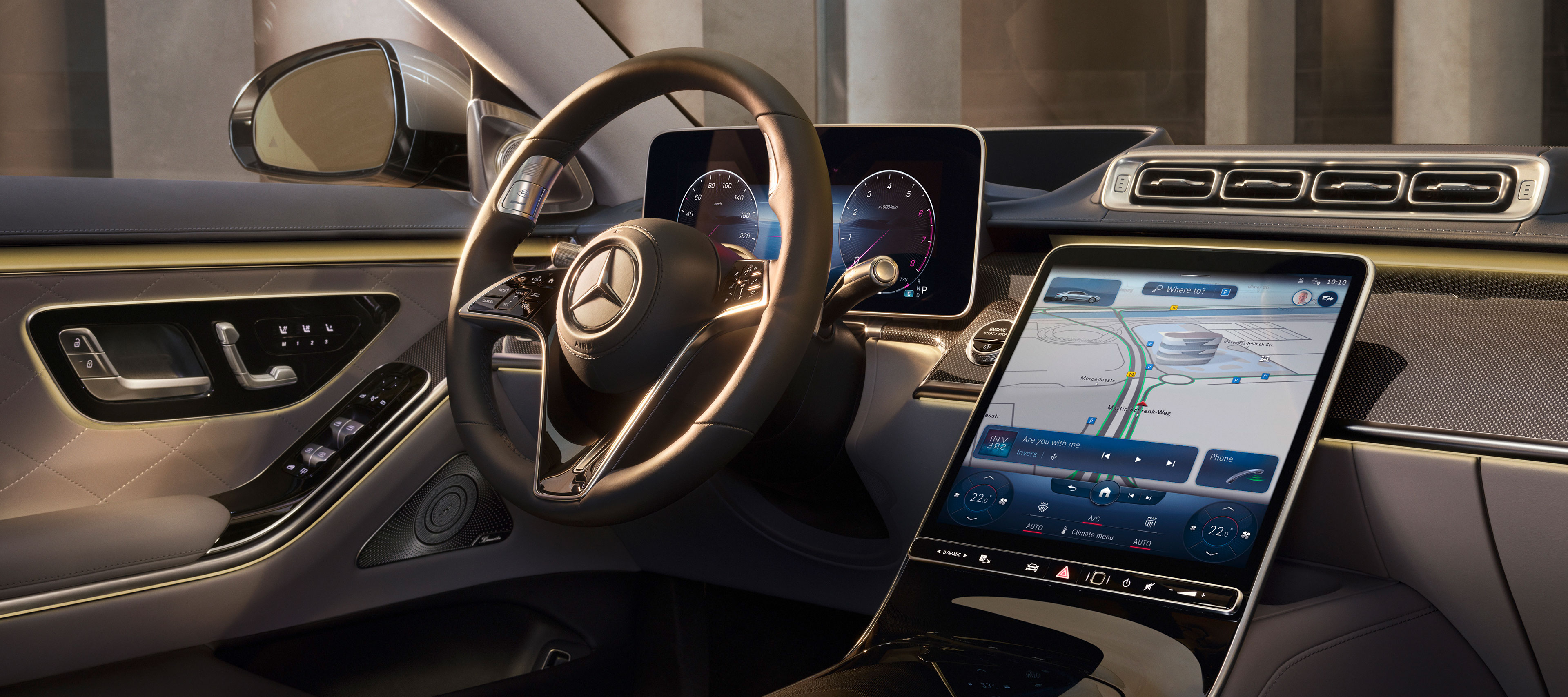 Zero Layer MBUX home screen Interior showing the large touch display with MBUX in the new Mercedes-Benz S-Class.