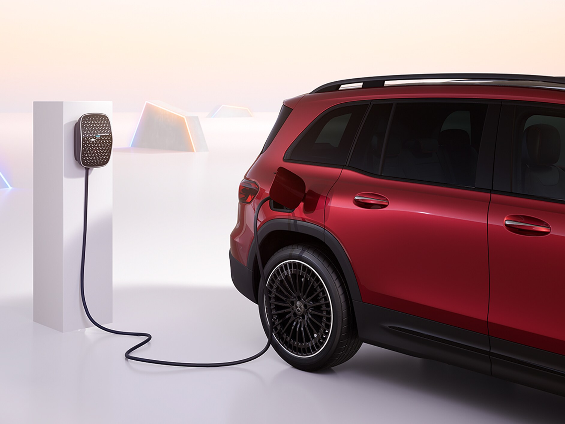 The EQB electric car charging at a Mercedes Benz Wallbox.