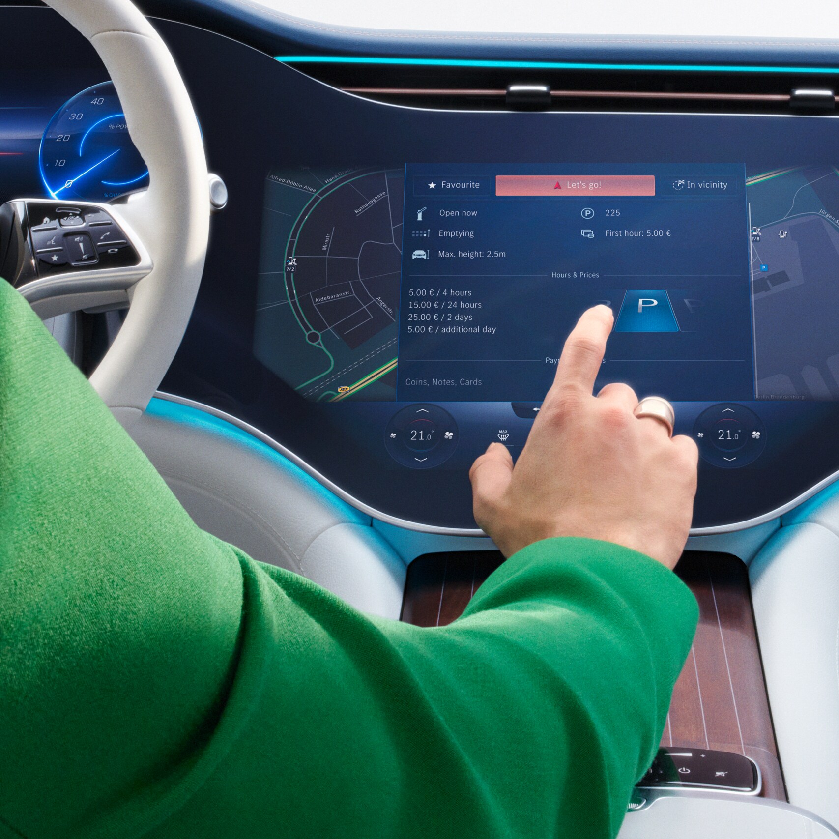 Digital Extras ถูกเลือกบนหน้าจอของระบบมัลติมีเดีย MBUX ในรถยนต์ Mercedes-Benz