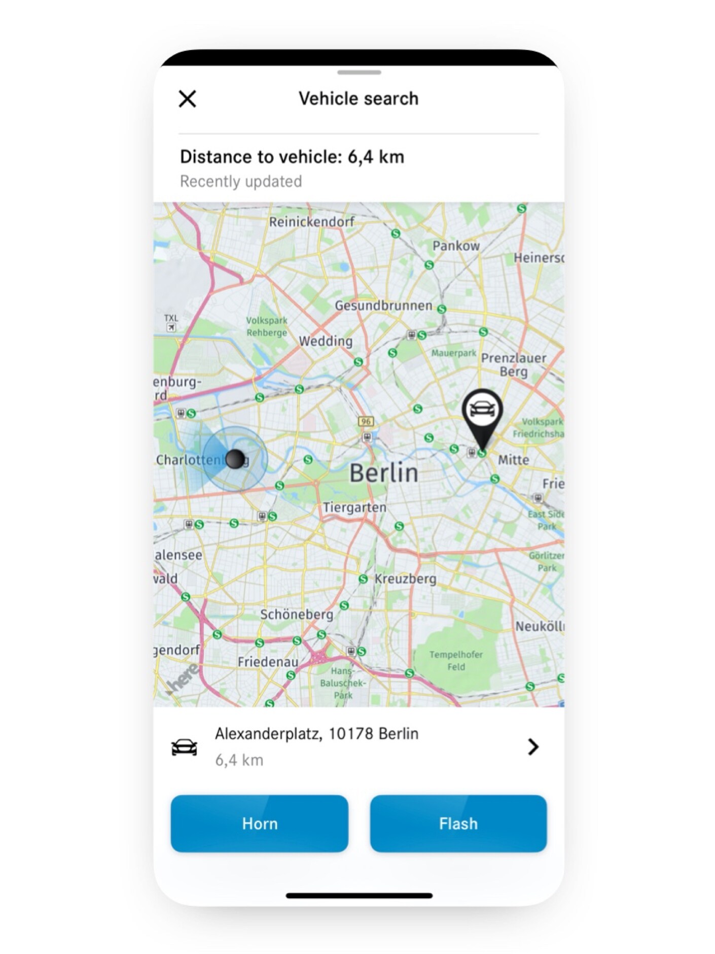 The location of the Mercedes-Benz is displayed on a smartphone via the Vehicle Tracker Digital Extra.