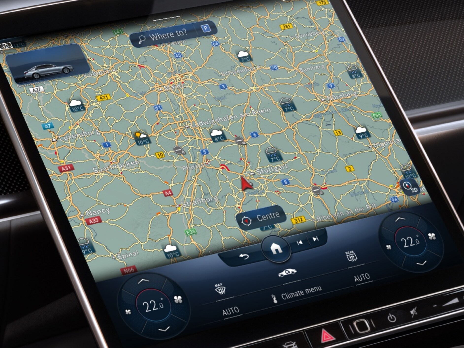 ระบบมัลติมีเดีย MBUX จะแสดงข้อมูลสภาพอากาศล่วงหน้าในพื้นที่จุดหมายปลายทางด้วยบริการเสริม Digital Extra แผนที่สภาพอากาศ