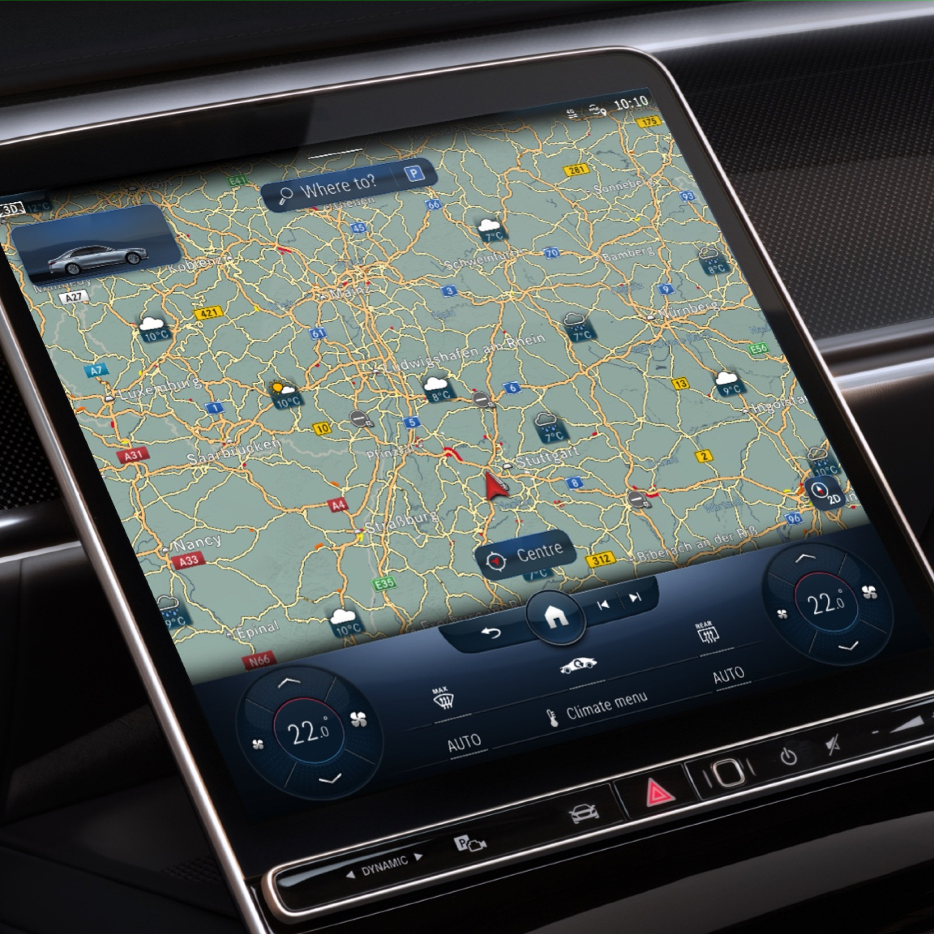 แผนที่สภาพอากาศ ระบบมัลติมีเดีย MBUX จะแสดงข้อมูลสภาพอากาศล่วงหน้าในพื้นที่จุดหมายปลายทางด้วยบริการเสริม Digital Extra แผนที่สภาพอากาศ