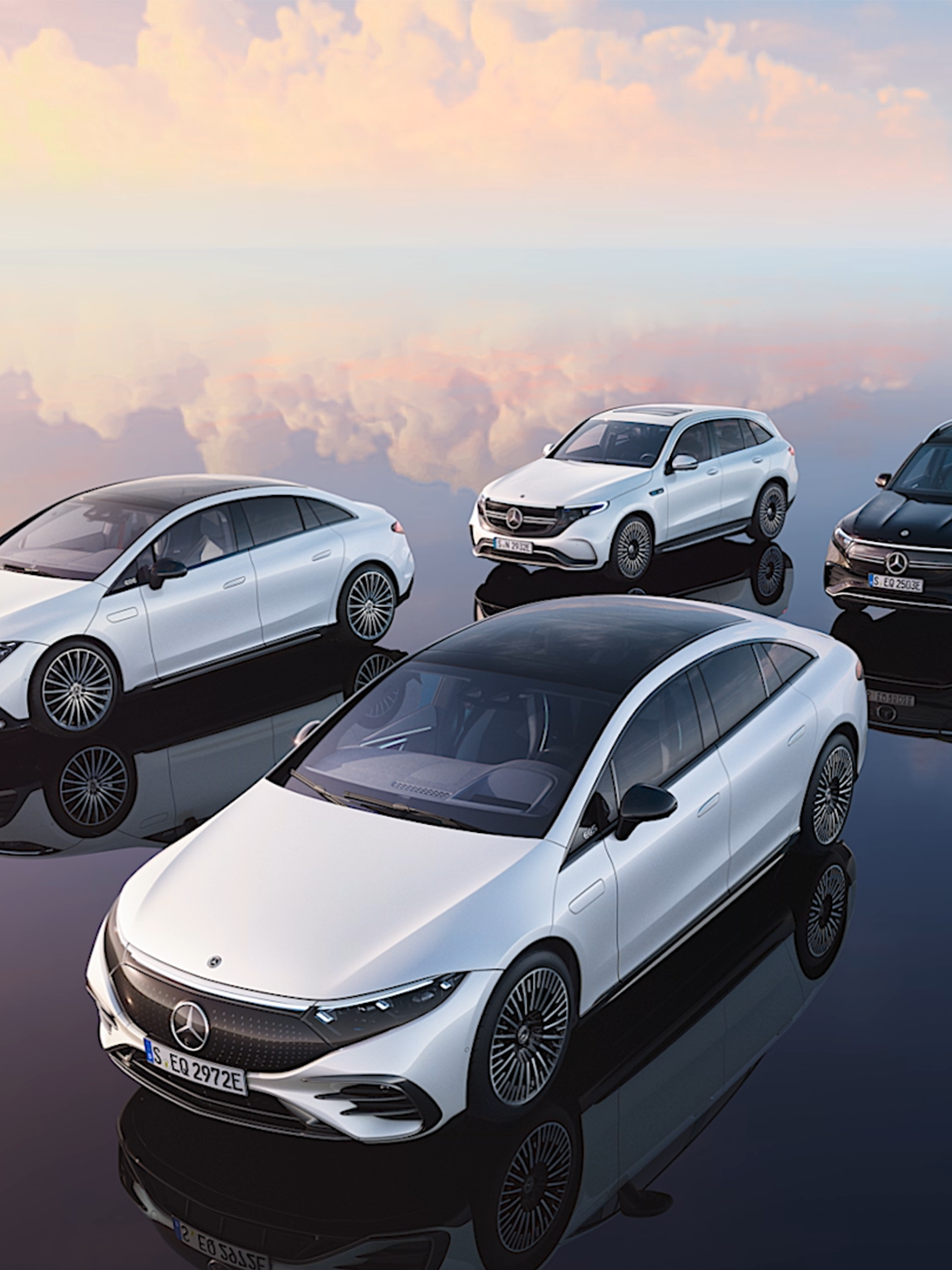 Angled front view of Mercedes-EQ models