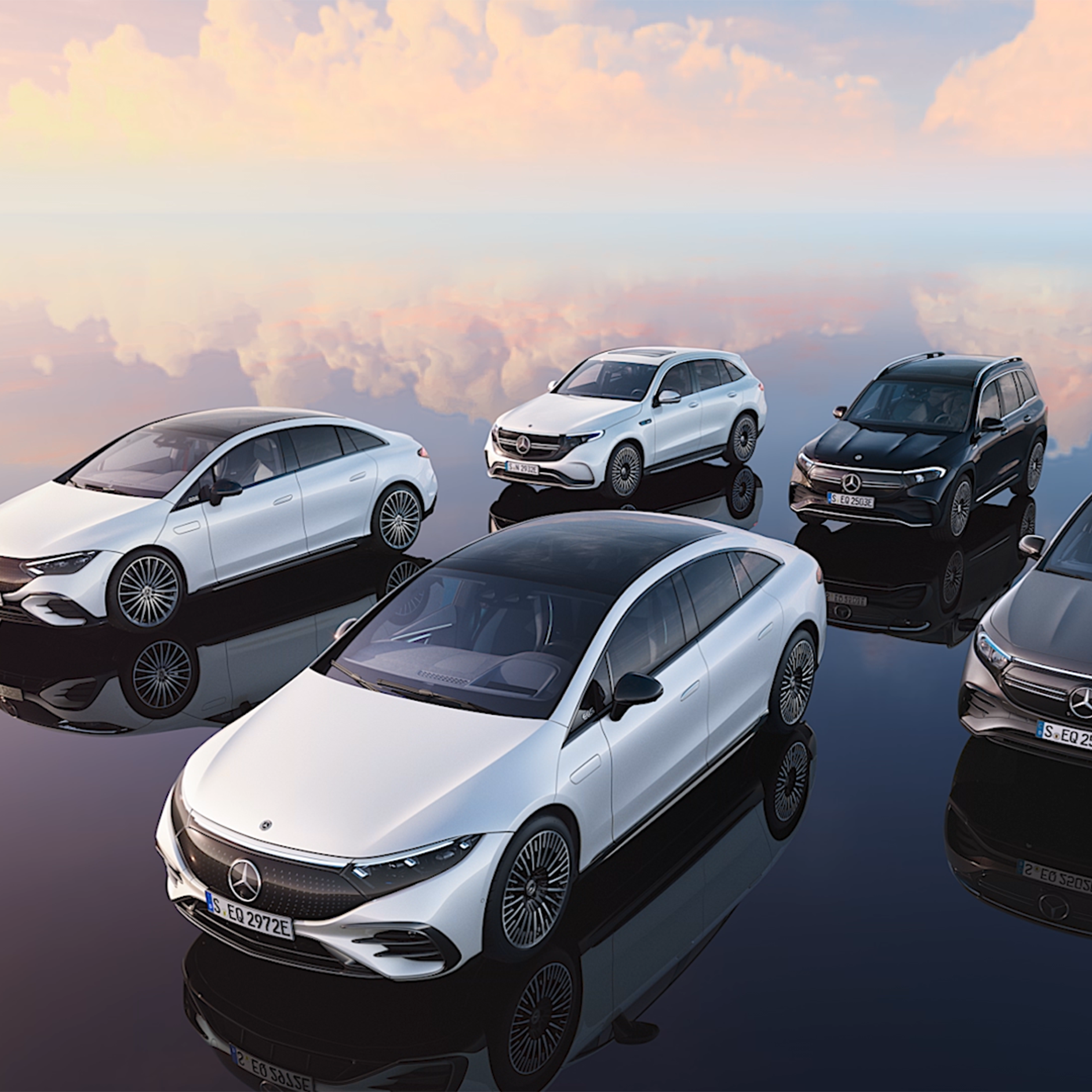 Electrified | On land, on water and in the air | Mercedes-Benz Angled front view of Mercedes-EQ models