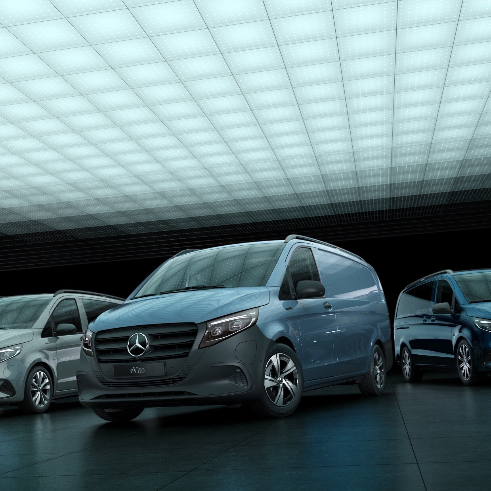 The Mercedes-Benz Vito Panel Van, Mixto and Tourer stand next to each other on a logistics site.