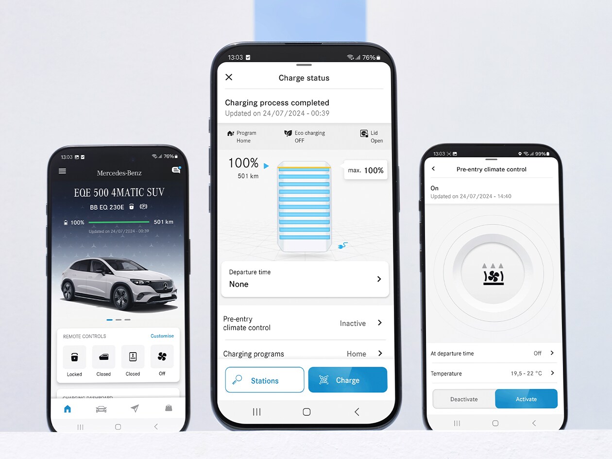 The menu of the Mercedes me App displays the available functions of the Navigation, Remote and Urban Guard Digital Extras on a smartphone.