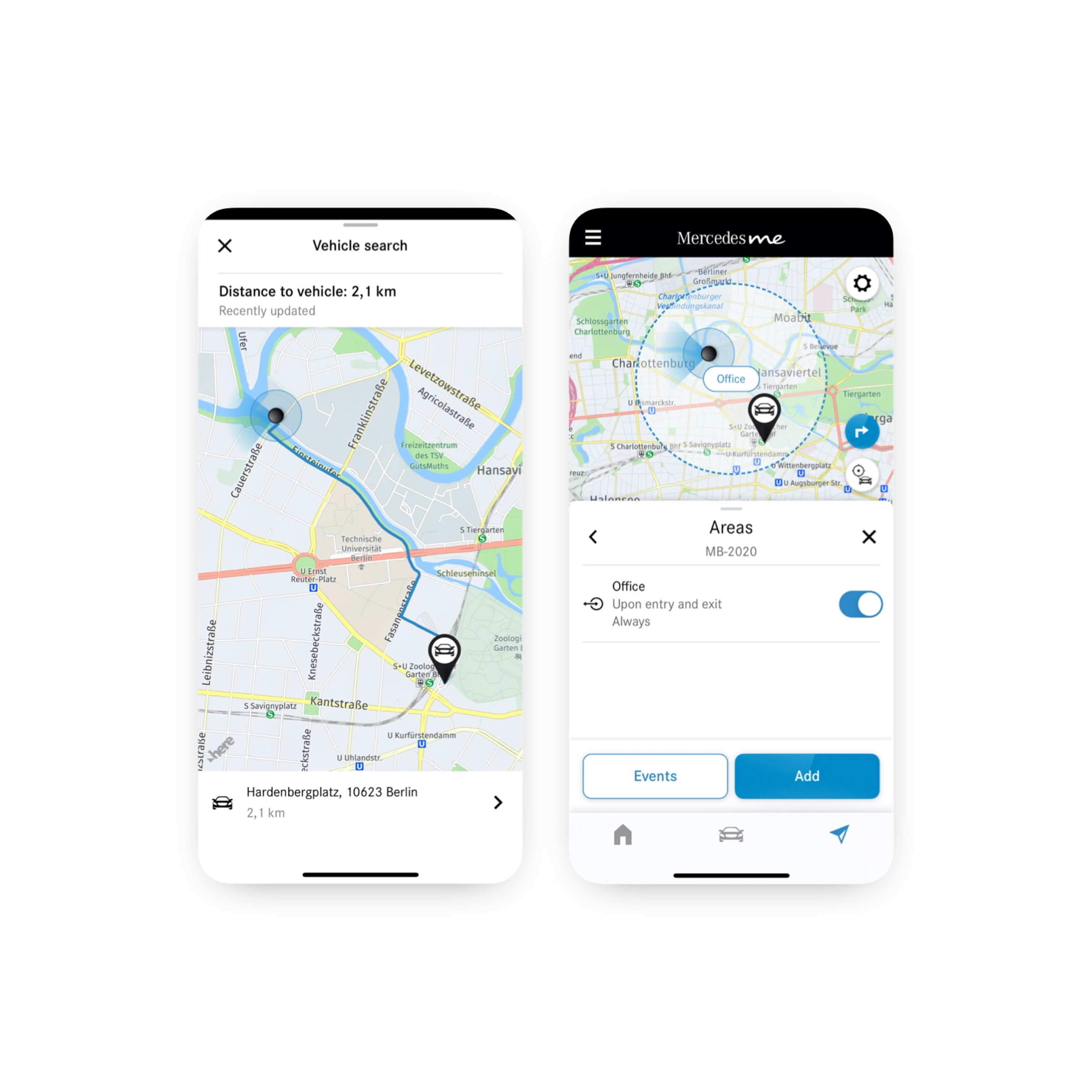ระบบติดตามรถยนต์ทางภูมิศาสตร์ Thanks to the Geofencing Digital Extra, a smartphone shows whether the vehicle is driving inside or outside a defined area.
