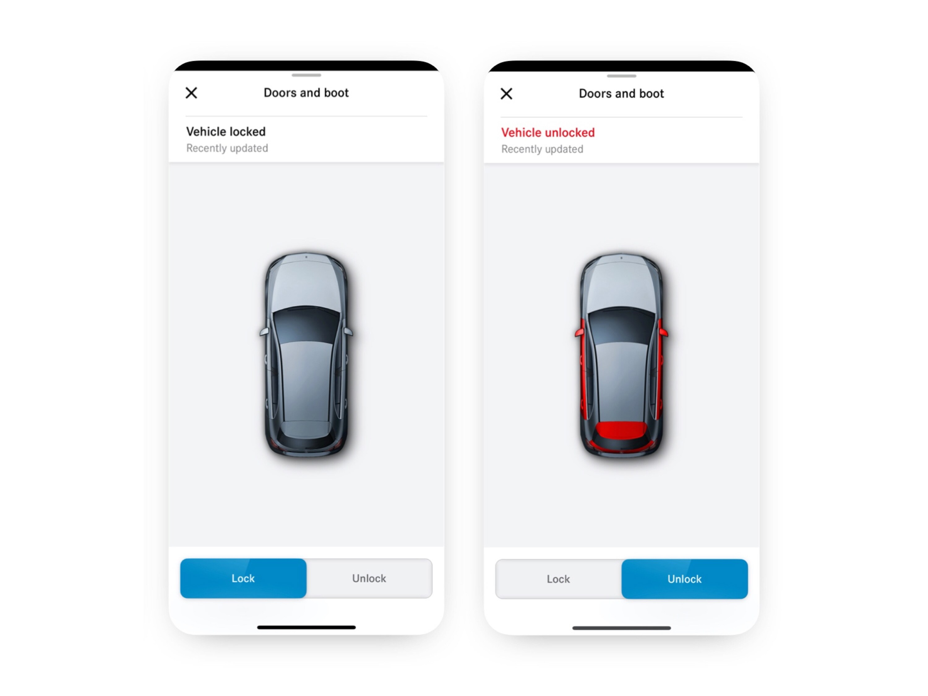 A smartphone shows the various screens that are displayed when the Remote Door Locking and Unlocking Digital Extra detects that not all doors are locked.