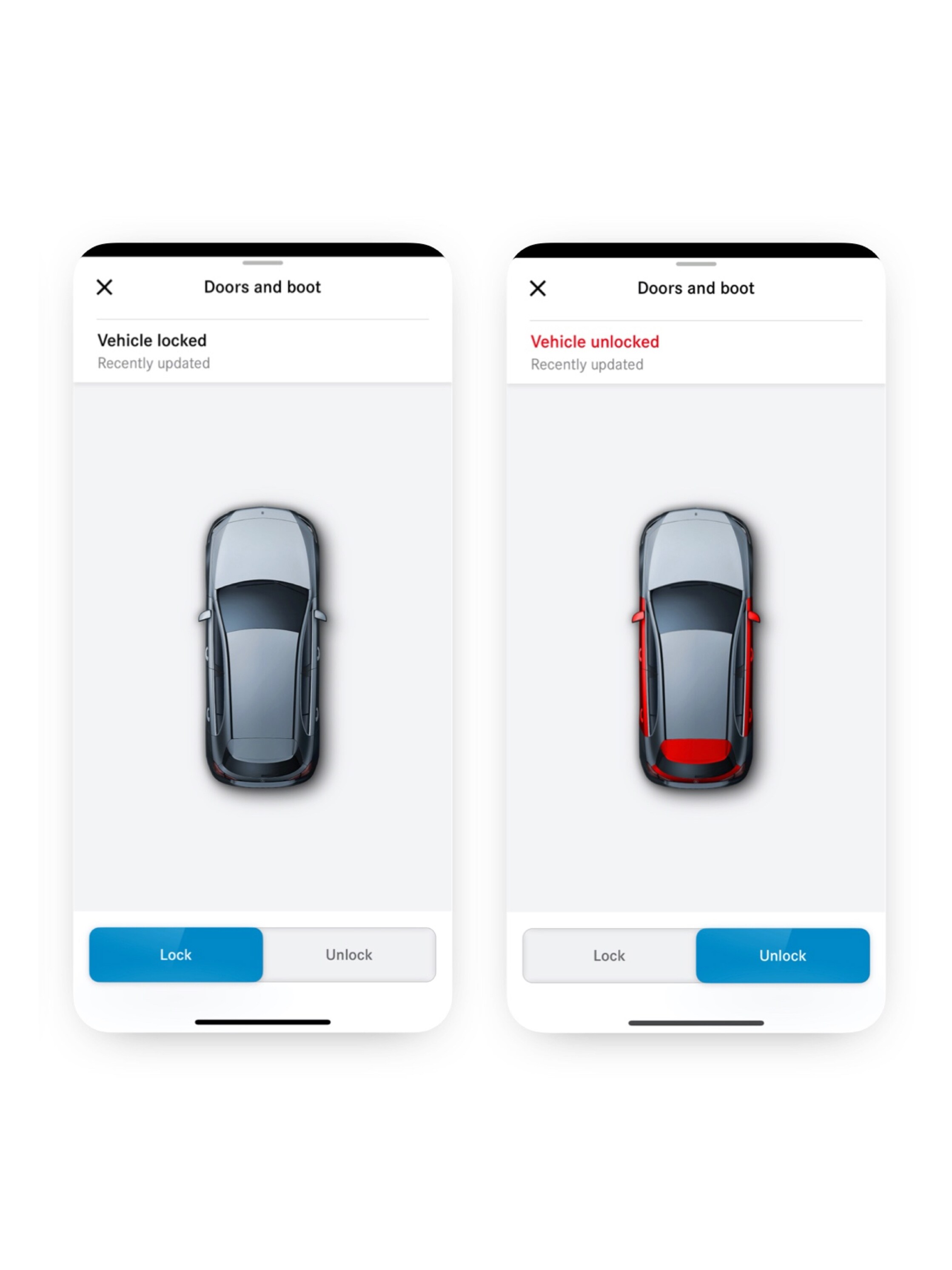 A smartphone shows the various screens that are displayed when the Remote Door Locking and Unlocking Digital Extra detects that not all doors are locked.
