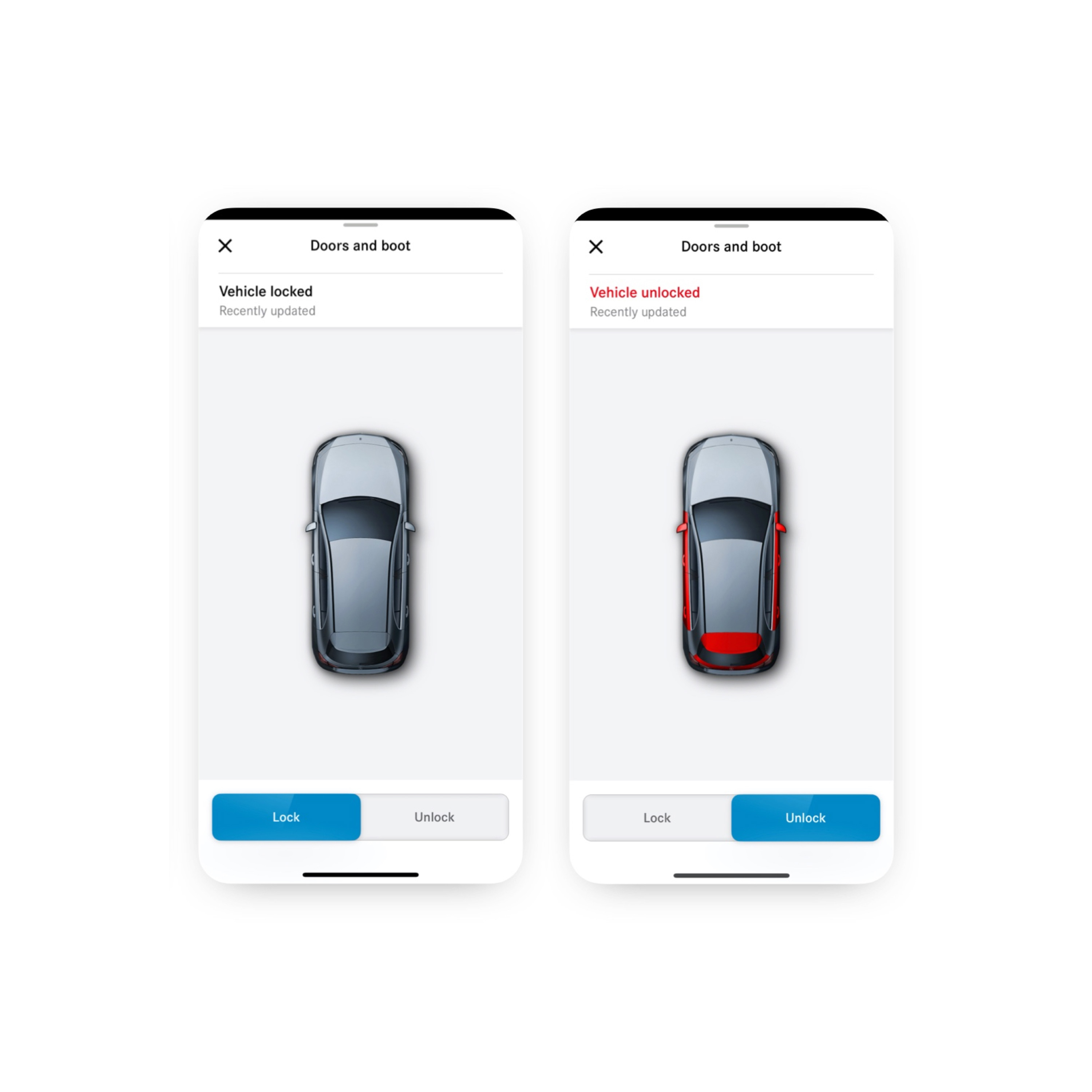 Remote Door Locking and Unlocking A smartphone shows the various screens that are displayed when the Remote Door Locking and Unlocking Digital Extra detects that not all doors are locked.