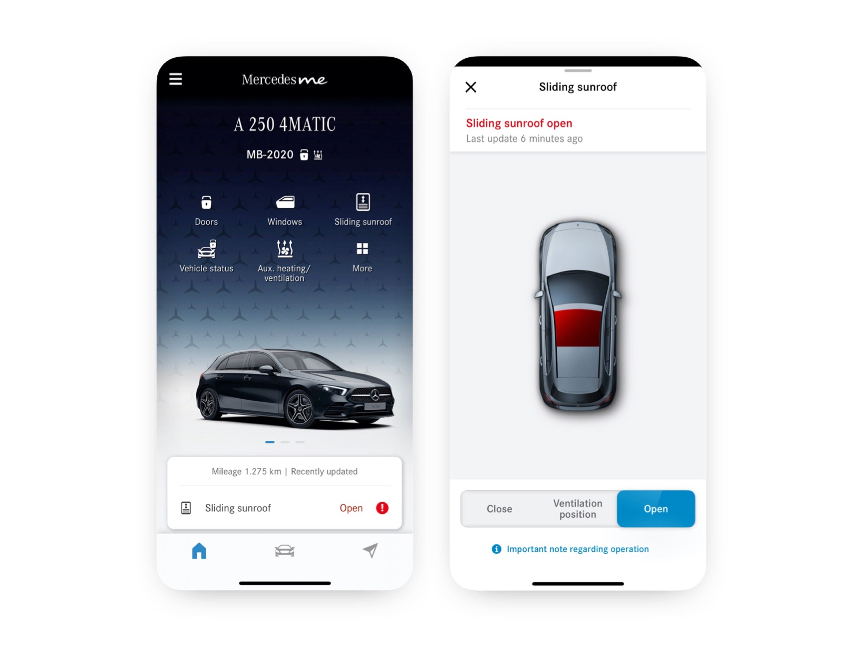 A smartphone shows the various screens that are displayed when the Remote Window and Sunroof Control Digital Extra determines that the sunroof is not closed.