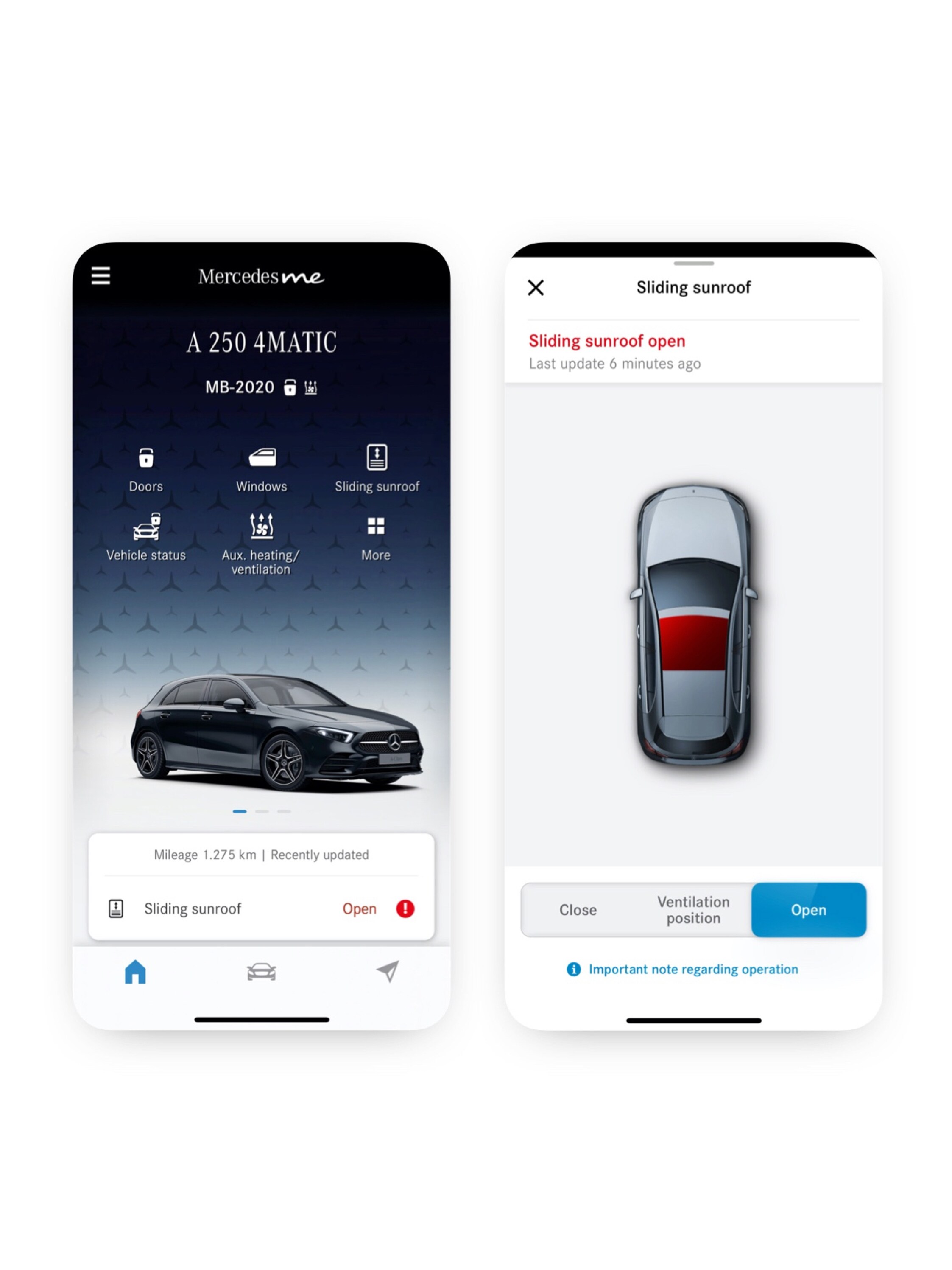 A smartphone shows the various screens that are displayed when the Remote Window and Sunroof Control Digital Extra determines that the sunroof is not closed.