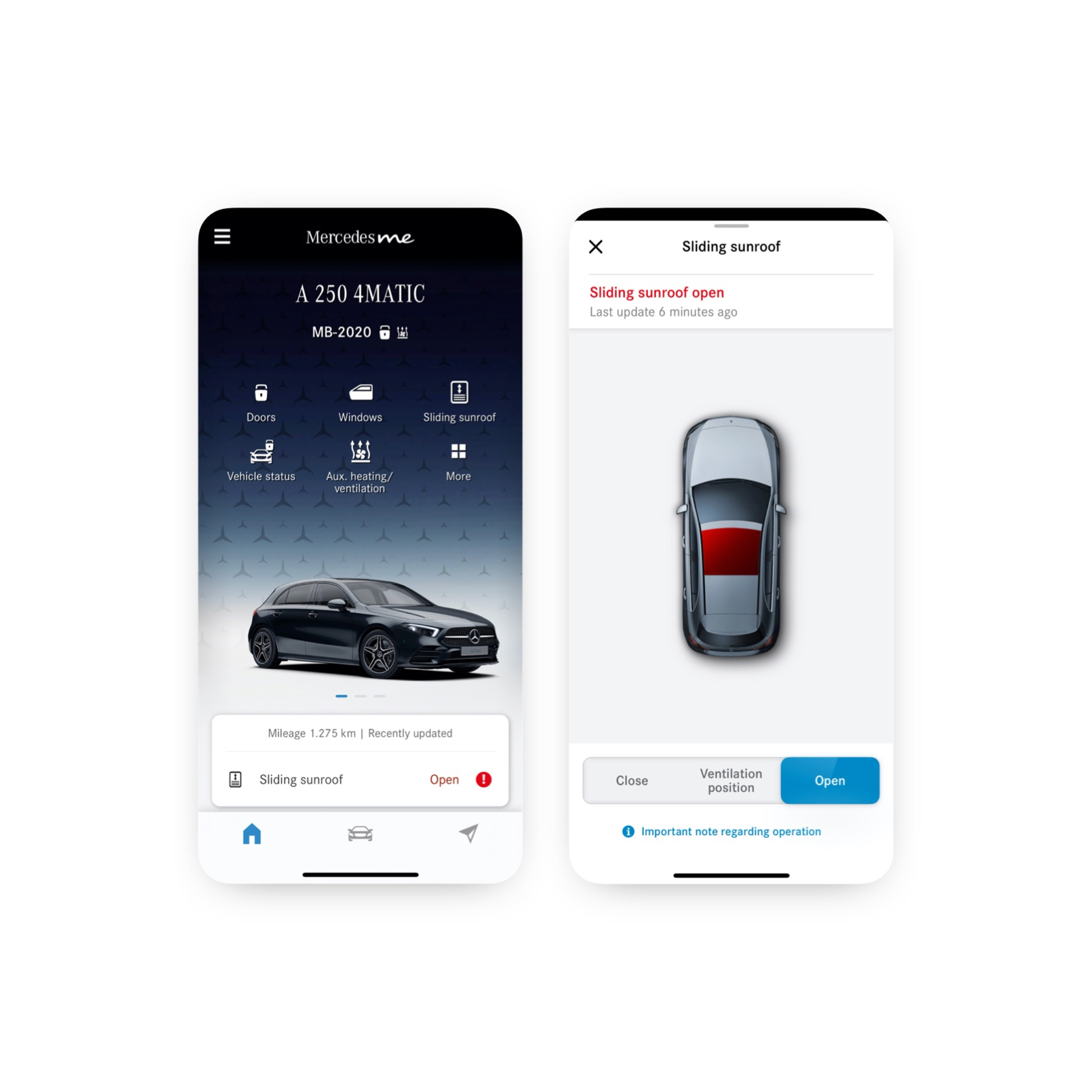 Remote Window and Sunroof Control A smartphone shows the various screens that are displayed when the Remote Window and Sunroof Control Digital Extra determines that the sunroof is not closed.
