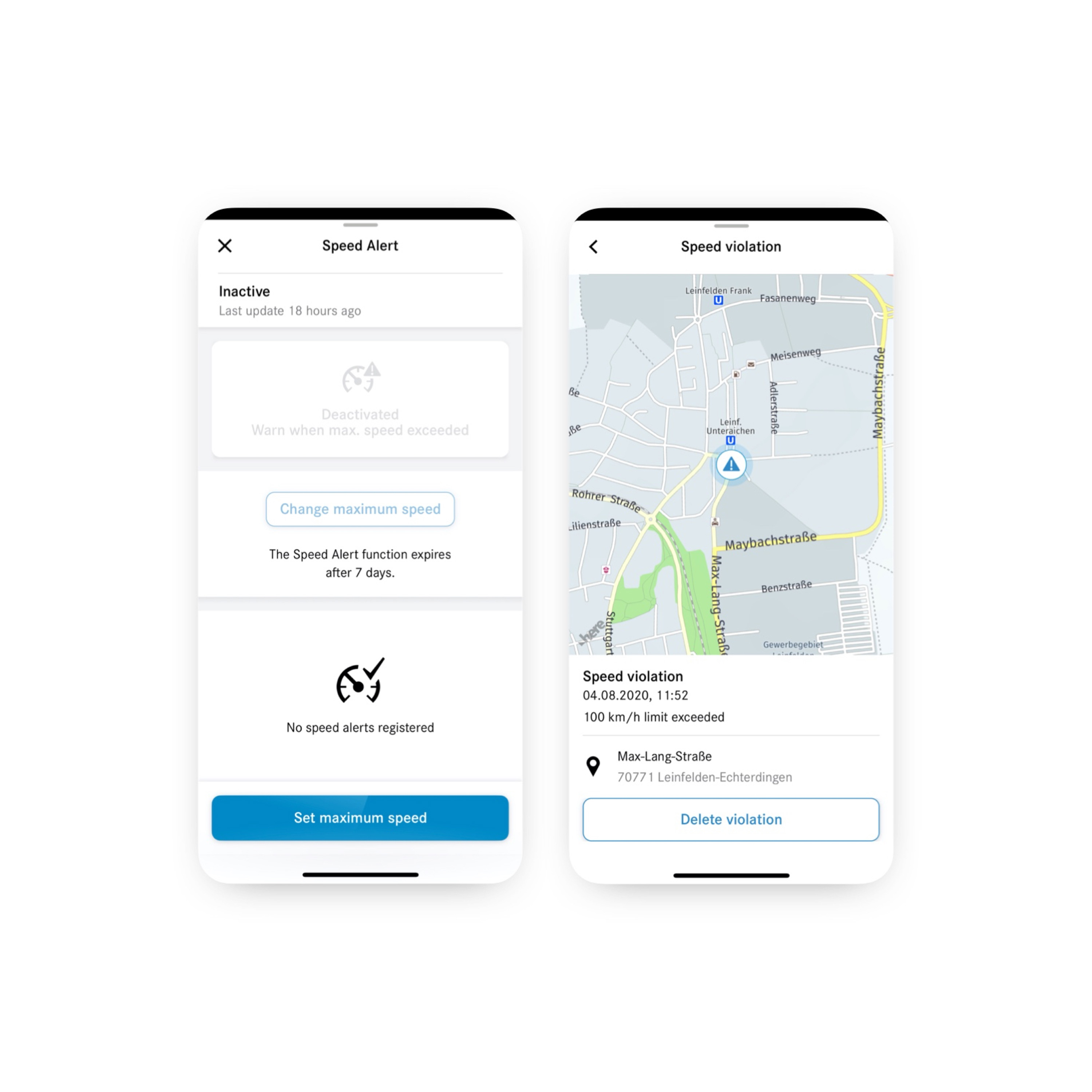 การแจ้งเตือนเมื่อขับขี่ด้วยความเร็วเกินกำหนด You can see the different screens that appear on a smartphone when the Speedfencing Digital Extra is activated and detects an infringement.