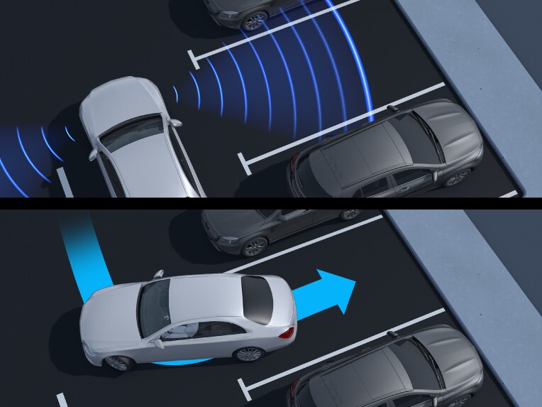 Graphic representation of the Parking Package with 360° camera in the Mercedes-Benz C-Class Coupé.